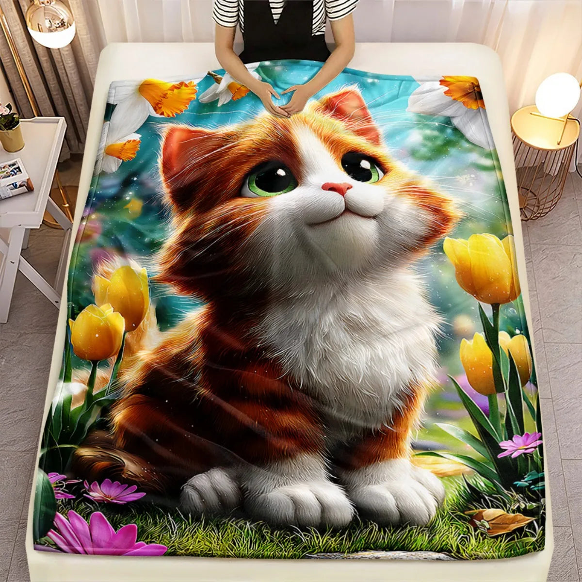 Tulip Field Cat Patterned Blanket.