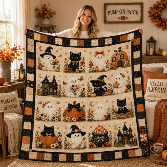 Halloween Quilt Blanket with Cute Black Cats.