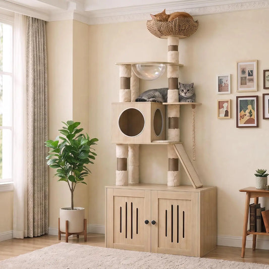 Tall Cat Tree with Litter Box Enclosure.