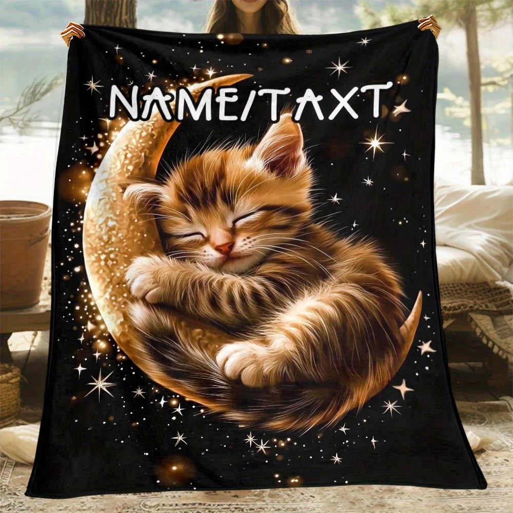 Customized Name Moon Cat Blanket.