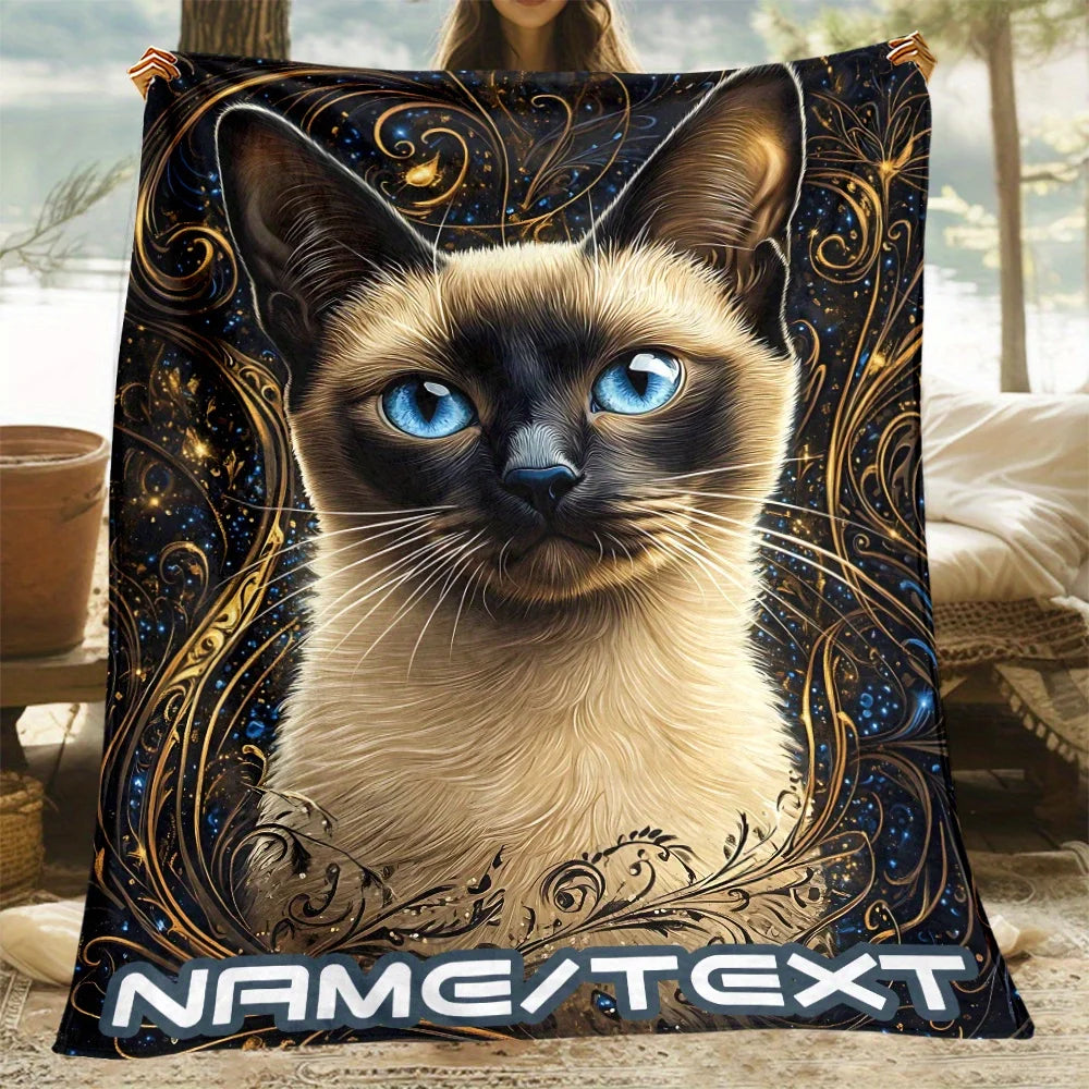 Exquisite Siamese Cat Customized Name Portable Blanket.