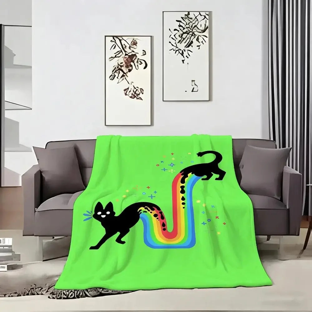 Humorous Funny Black Cat Rainbow Flannel Throw Blanket.