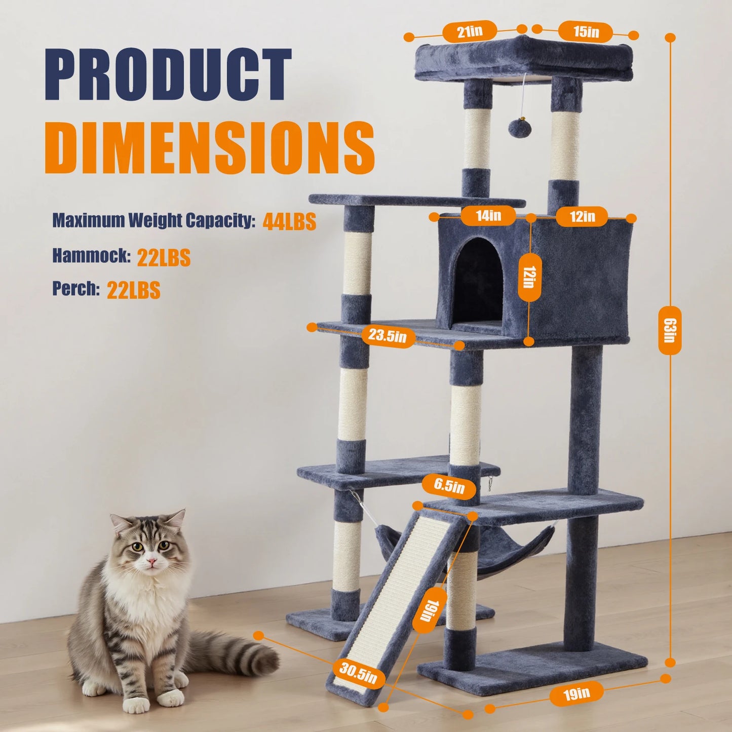 63In Cat Tree.      Natural Sisal Scratching Posts Stable Pet House for Indoor Cat