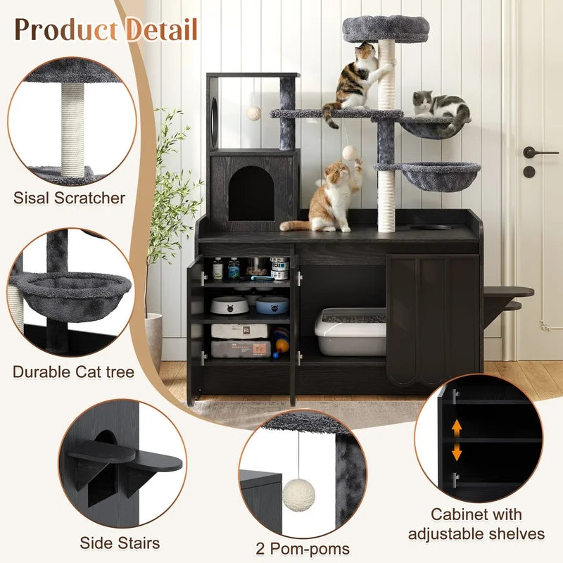 Black Cat Tree with Litter Box Enclosure.