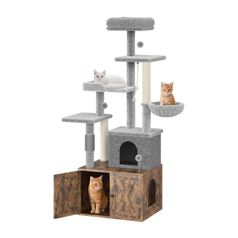 3-in-1 Modern Cat Tree with Hidden Litter Box Enclosure.