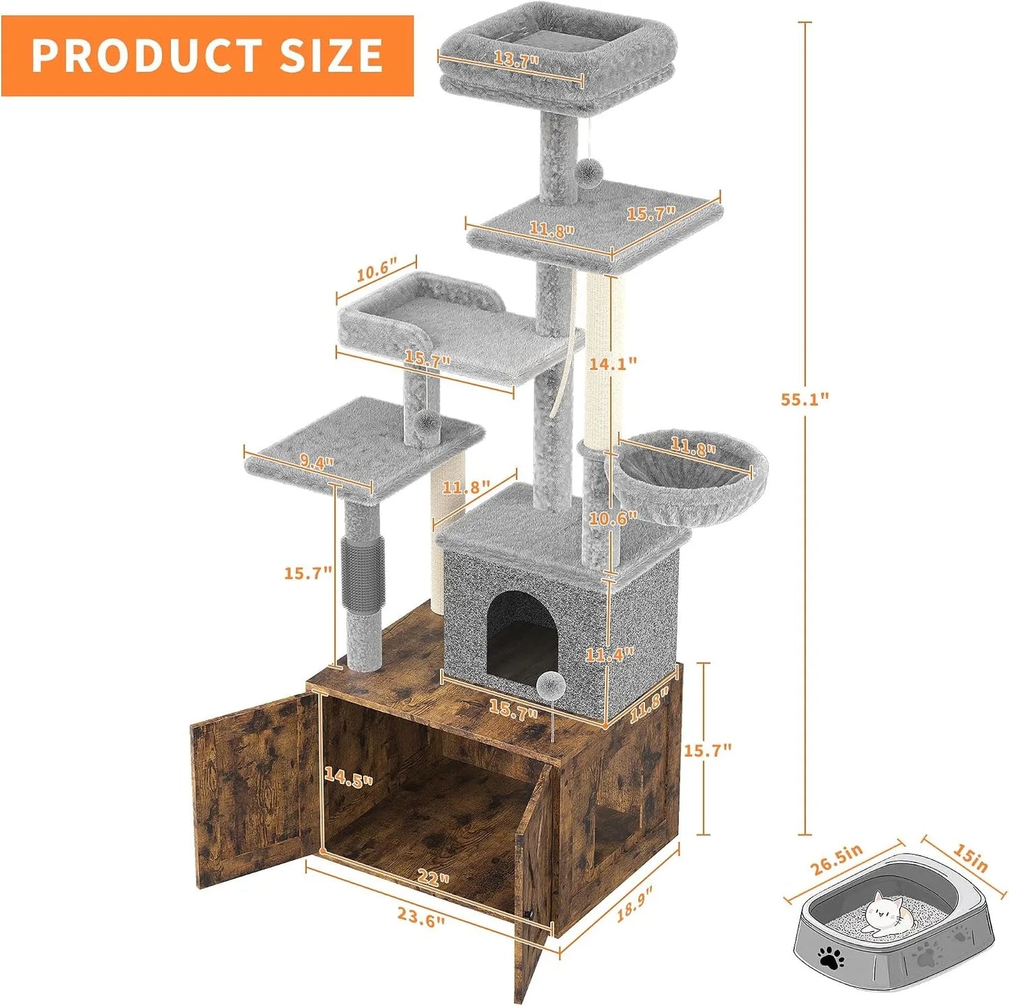 3-in-1 Modern Cat Tree with Hidden Litter Box Enclosure.