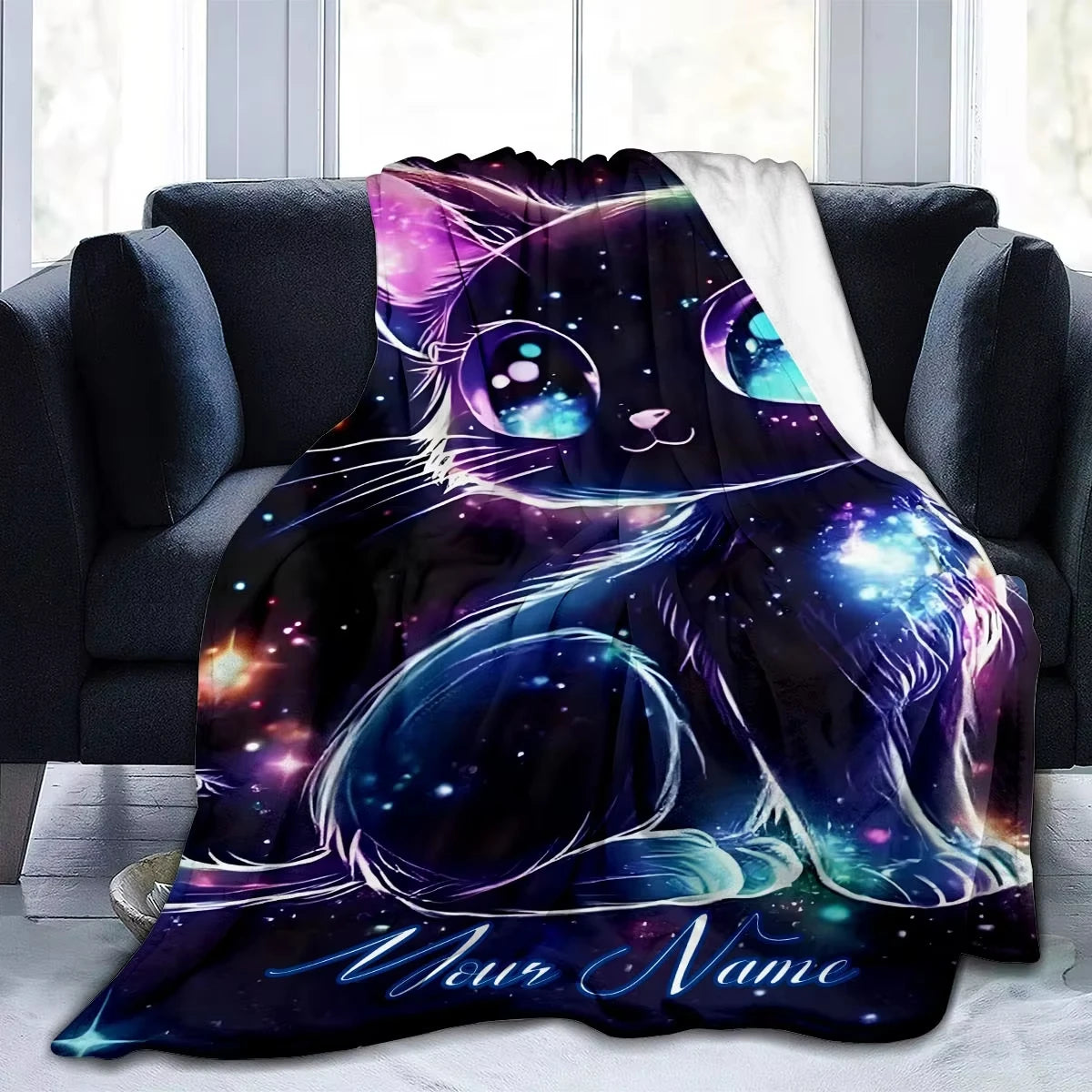 Customizable Name Galaxy Cat Pattern Blanket.