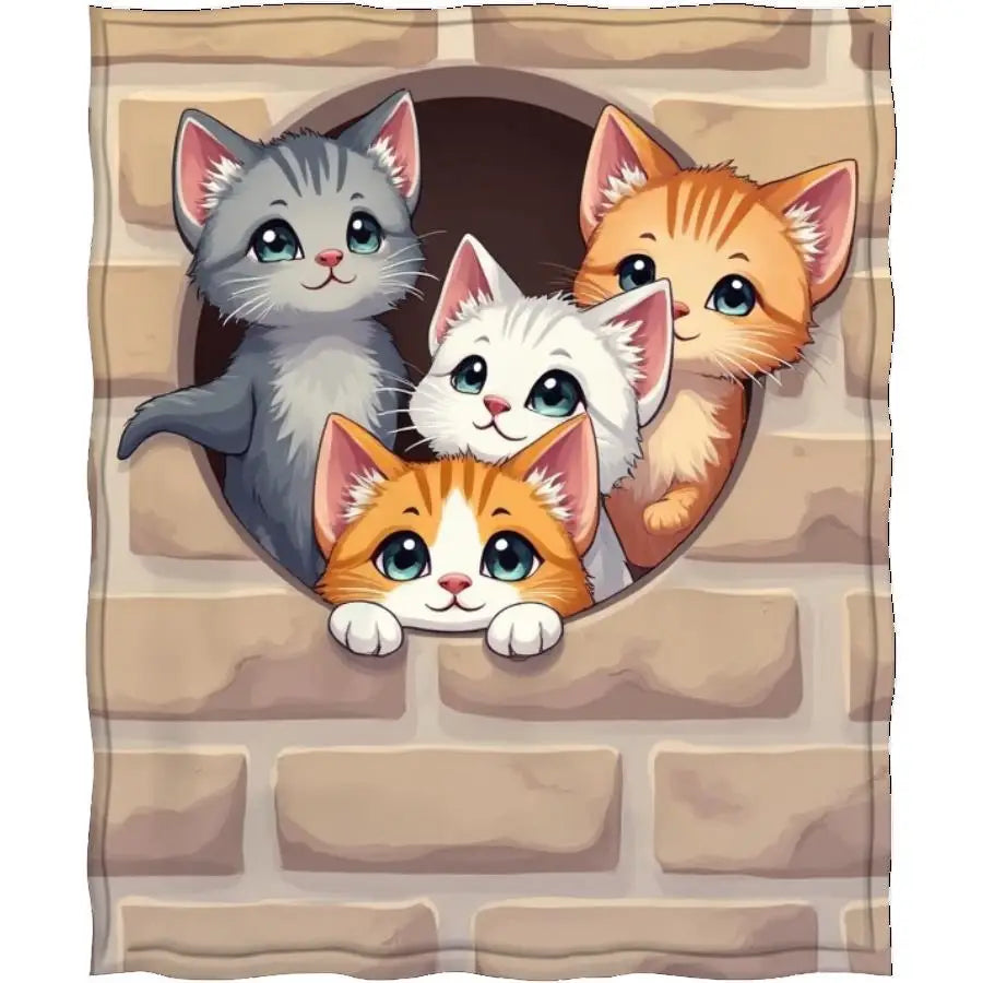 Adorable Kittens Peeking from Brick Wall Flannel Blanket.