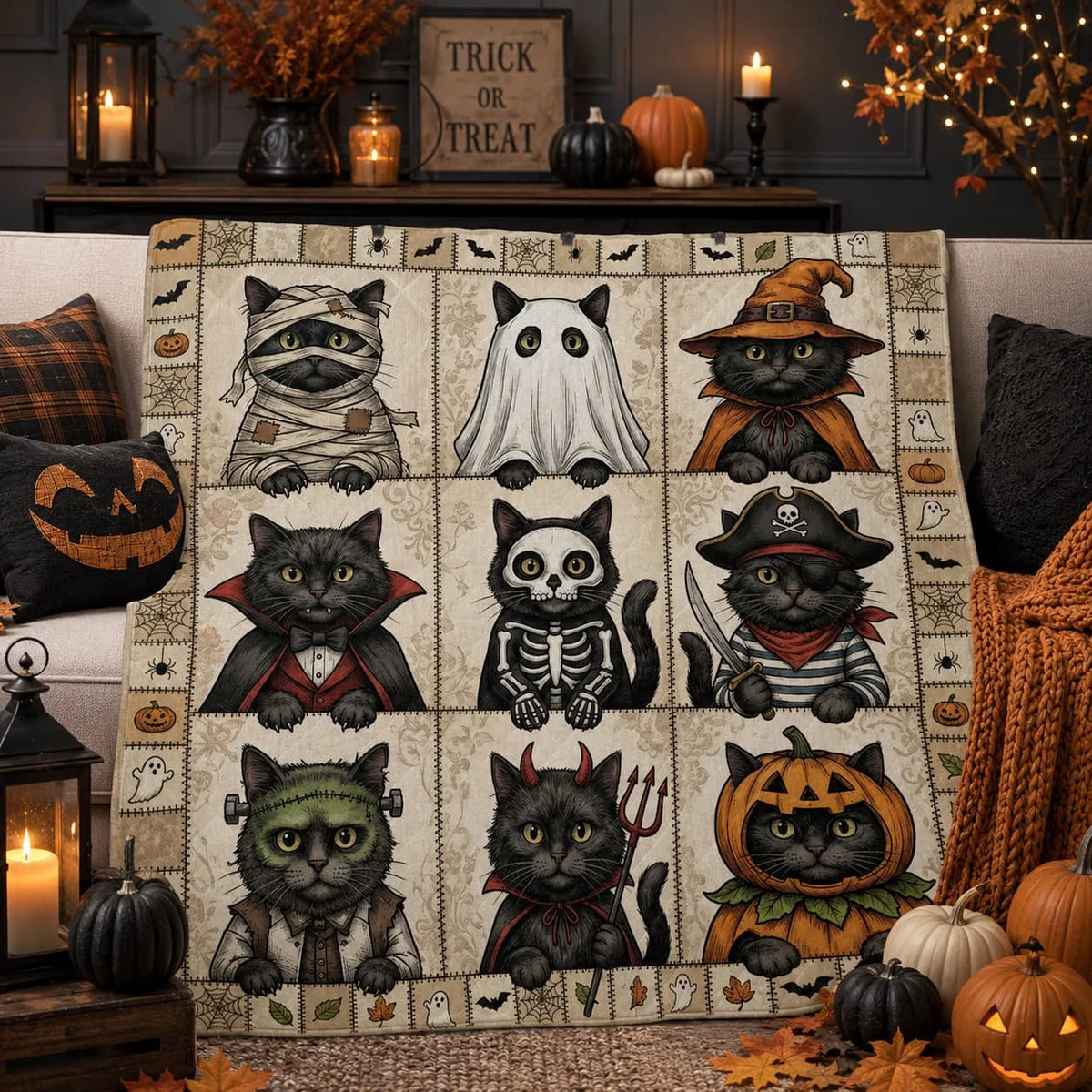 Black Cat Halloween Costume Quilt Blanket.