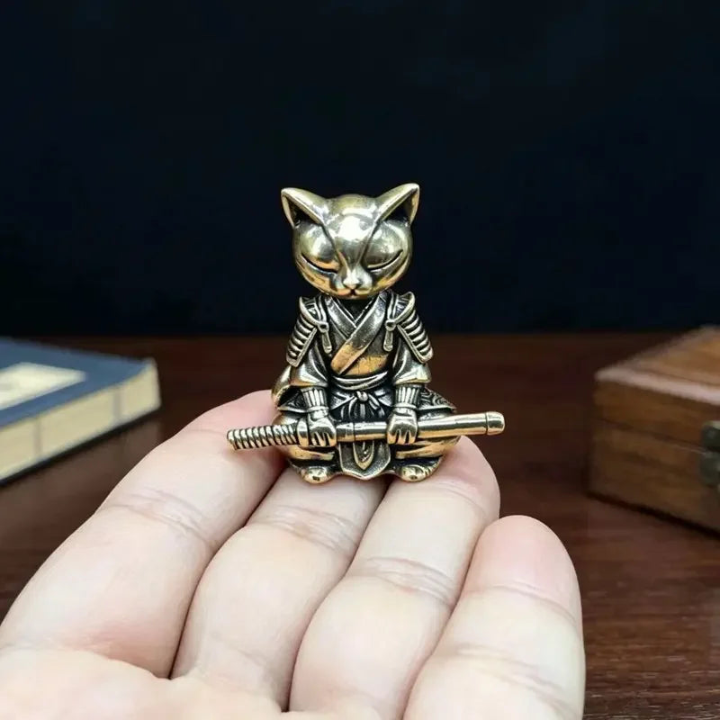 Brass Samurai Cat Statue Ornament.