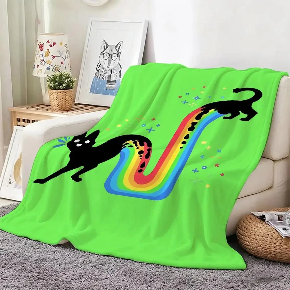 Humorous Funny Black Cat Rainbow Flannel Throw Blanket.
