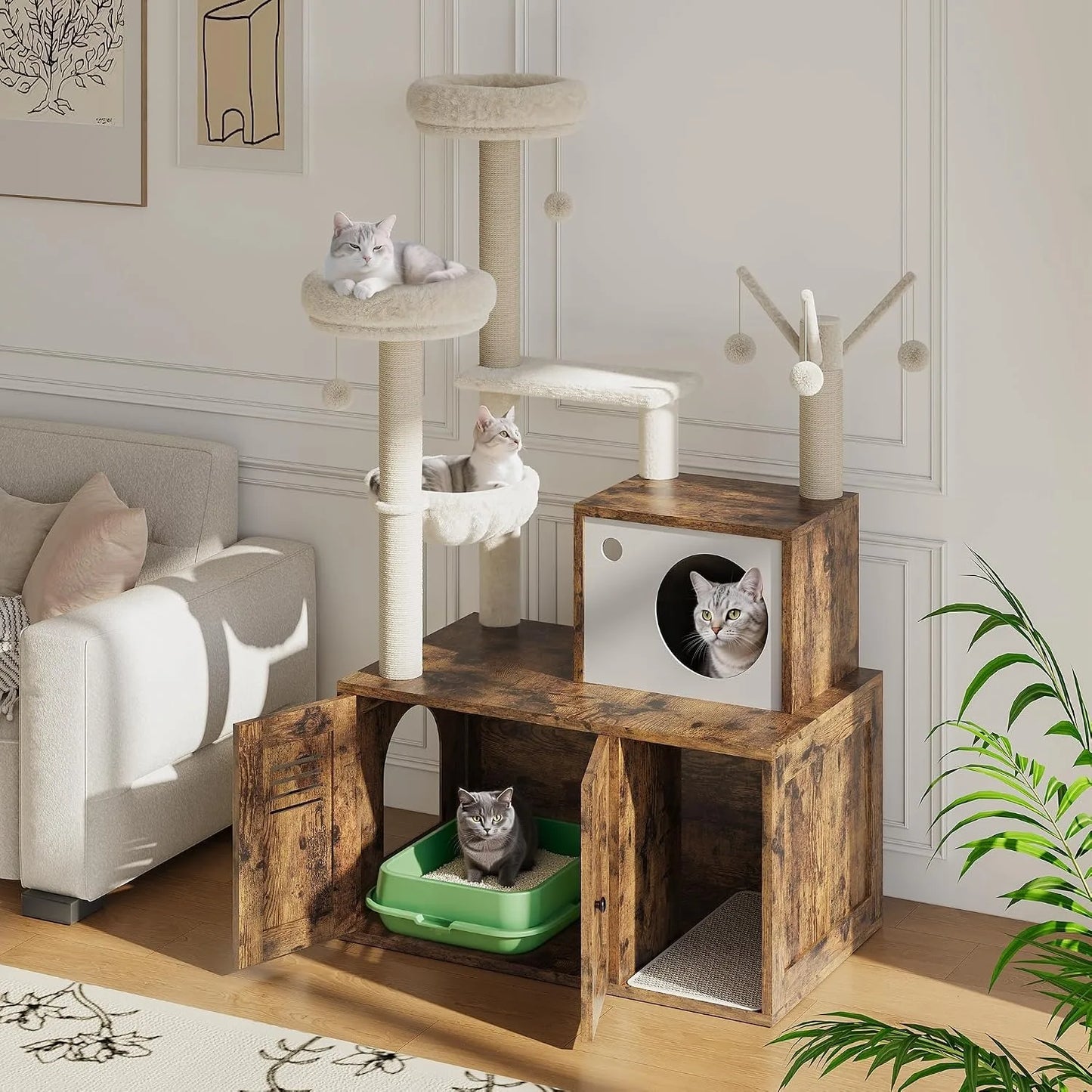 Cat Tower with Litter Box Enclosure.