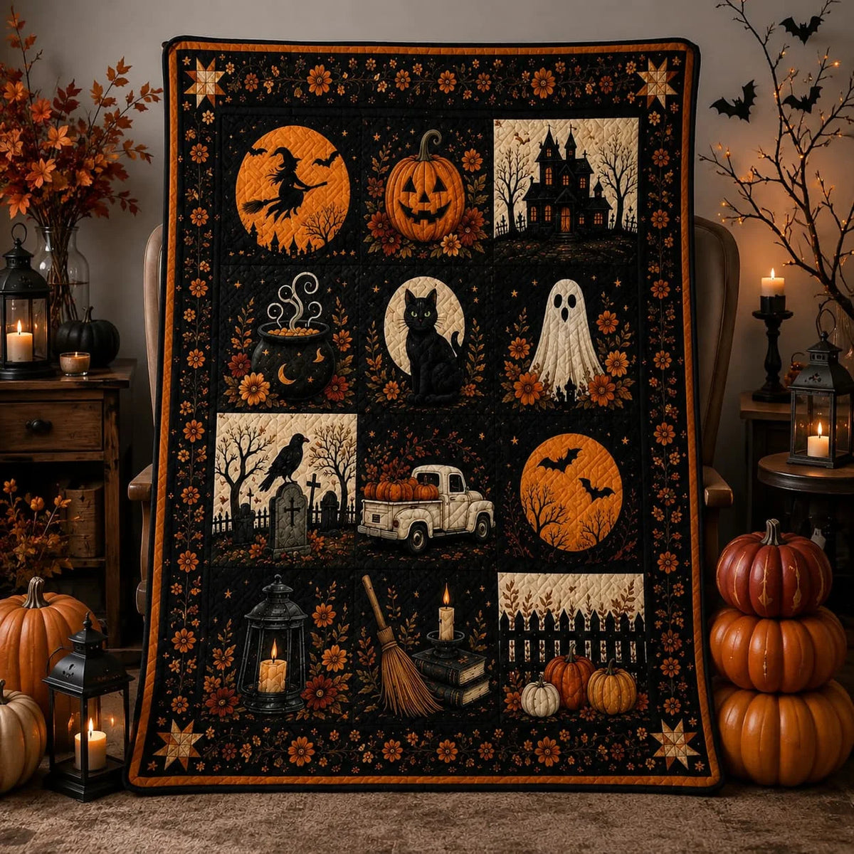 Spooky Halloween Faux Patchwork Quilt Blanket.