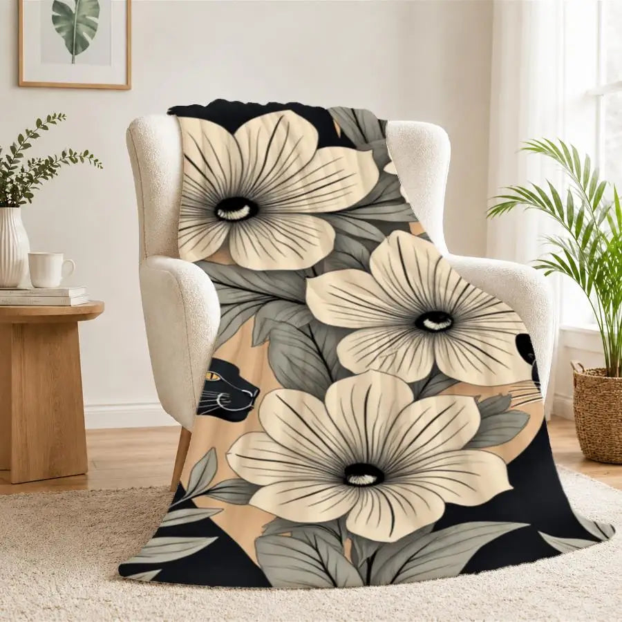 Elegant Monochrome Panther And Floral Flannel Throw Blanket.