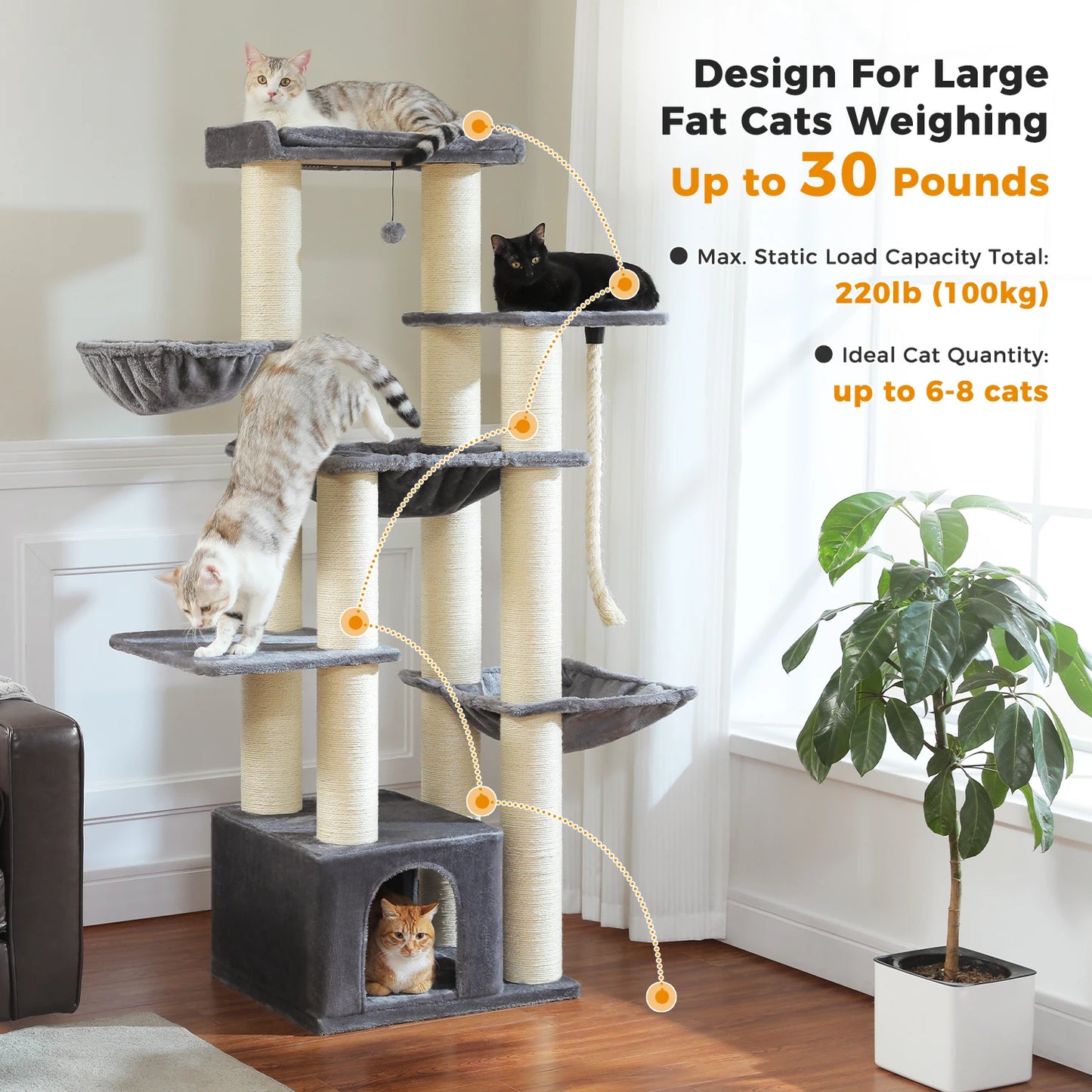 Multi-Level Cat Tree.         Cozy Condo, Super Large Perch, Deep Hammocks,