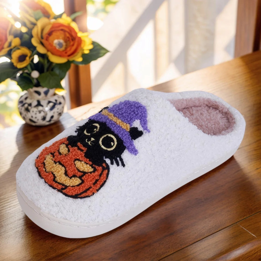 Black Cat Pumpkin Halloween Slippers.