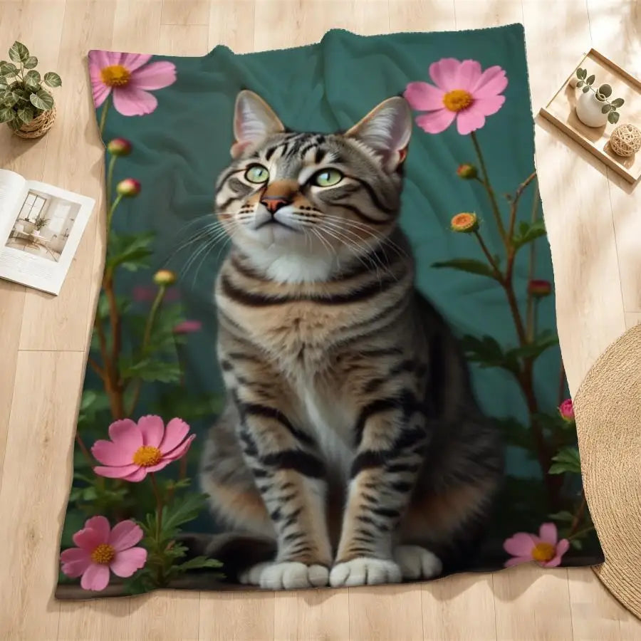 Cozy Gray Tabby Cat and Pink Cosmos Flannel Throw Blanket.
