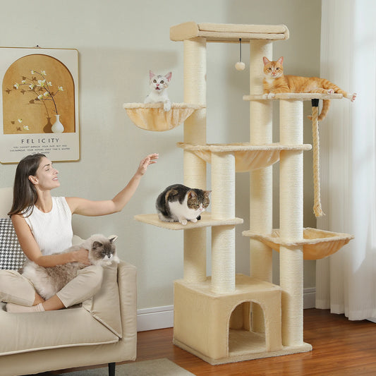 Multi-Level Cat Tree.         Cozy Condo, Super Large Perch, Deep Hammocks,