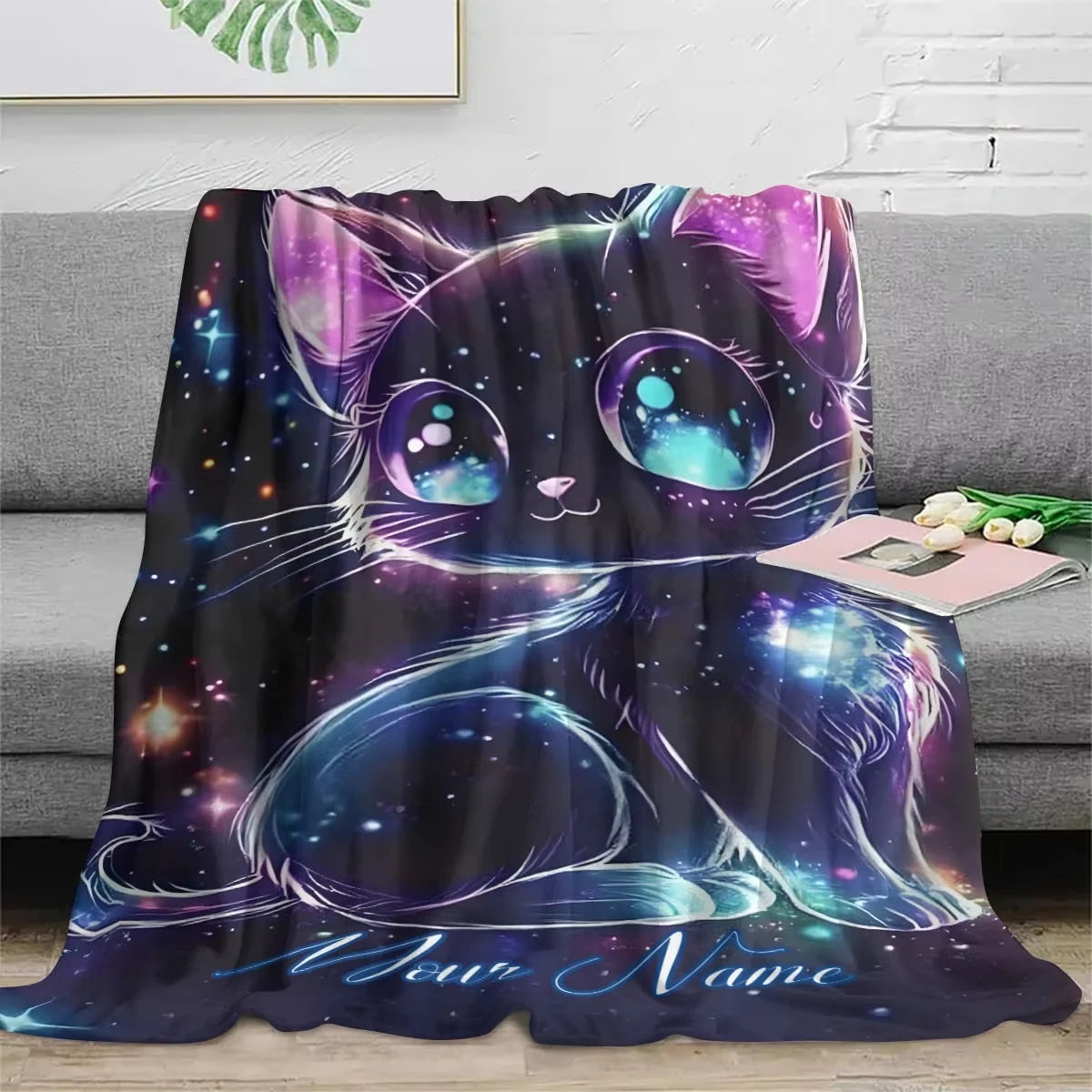 Customizable Name Galaxy Cat Pattern Blanket.