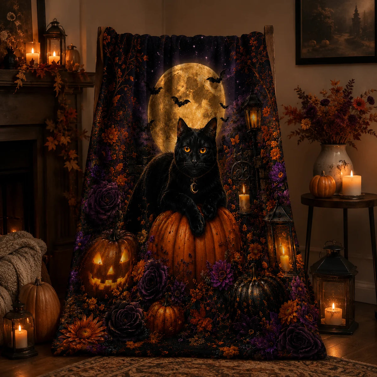 Black Cat Halloween Flannel Fleece Throw Blanket.