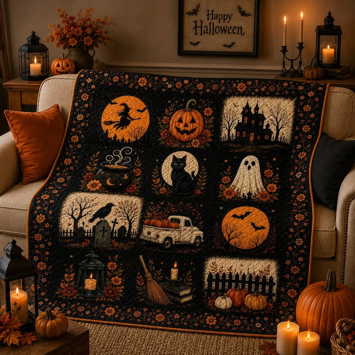 Spooky Halloween Faux Patchwork Quilt Blanket.