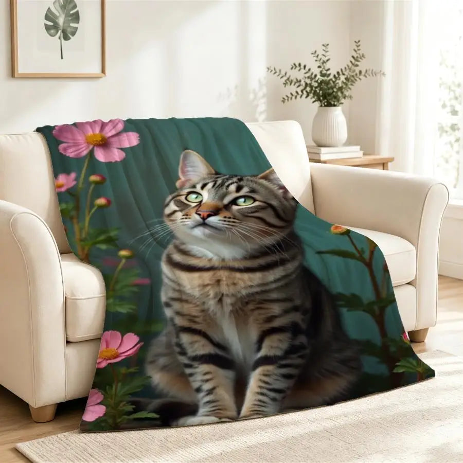 Cozy Gray Tabby Cat and Pink Cosmos Flannel Throw Blanket.
