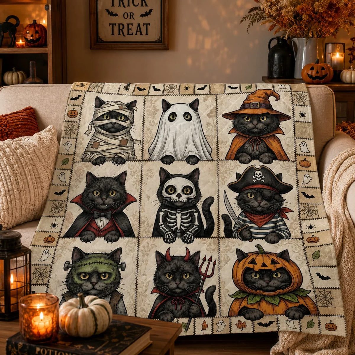 Black Cat Halloween Costume Quilt Blanket.