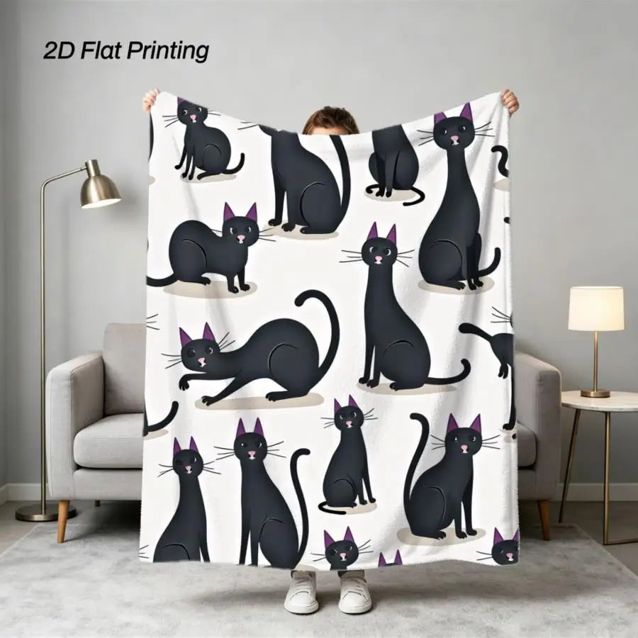 2D Flat Whimsical Black Cat Printed Flannel Blanket.