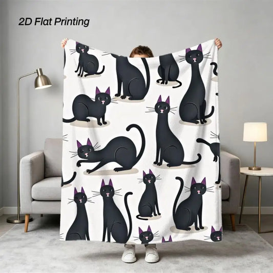 2D Flat Whimsical Black Cat Printed Flannel Blanket.
