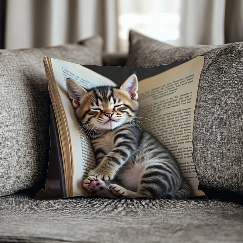 Adorable Sleeping Kitten & Book Design Throw Pillow Cover.