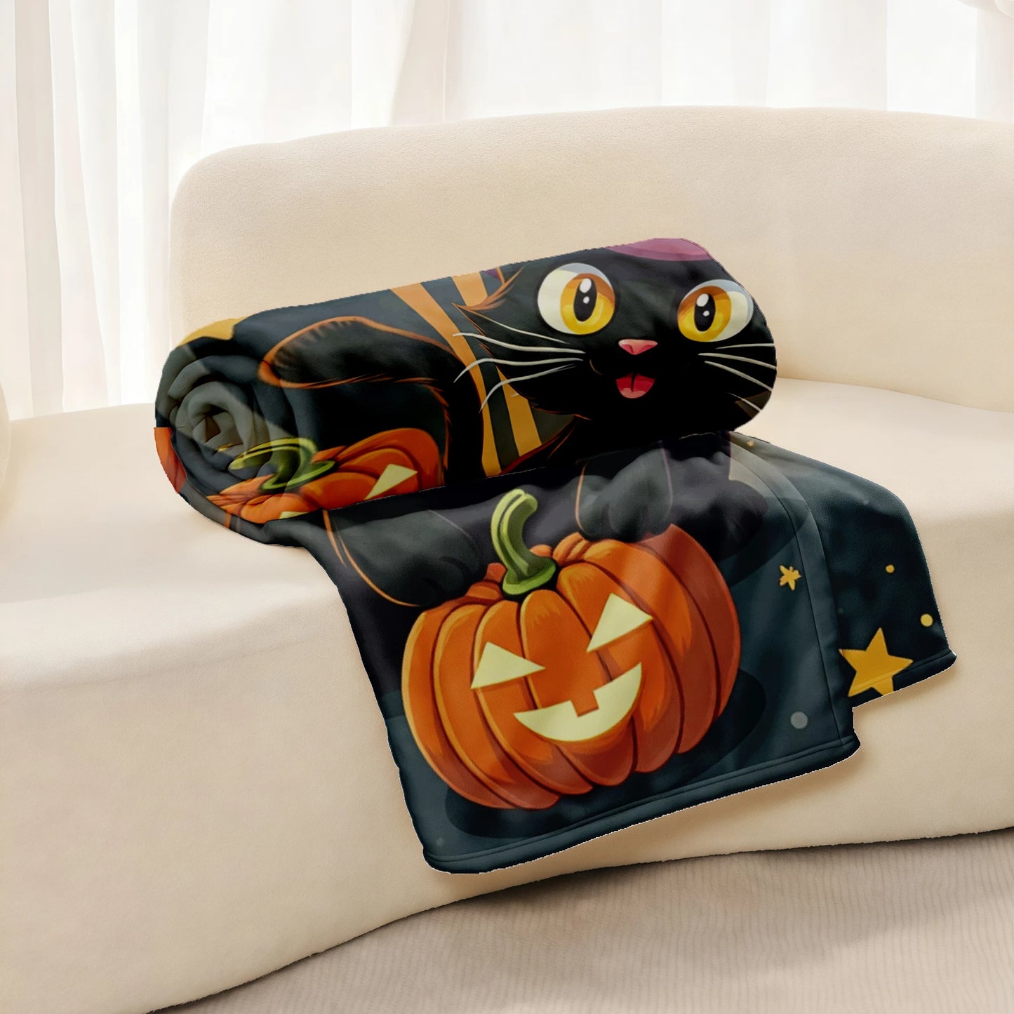 Whimsical Halloween Cat Flannel Blanket.