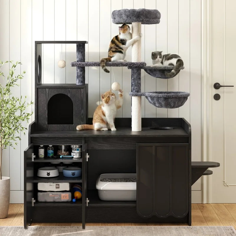 Black Cat Tree with Litter Box Enclosure.