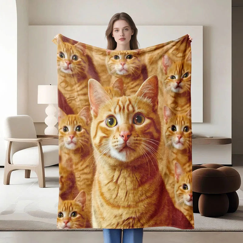 Orange Cat-Themed Flannel Blanket