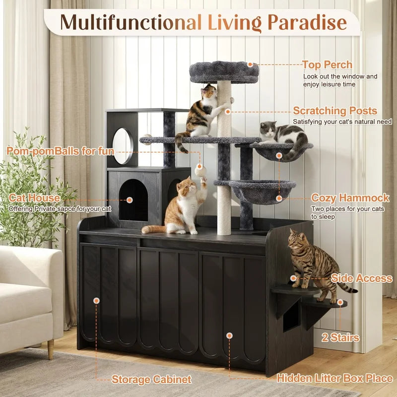 Black Cat Tree with Litter Box Enclosure.