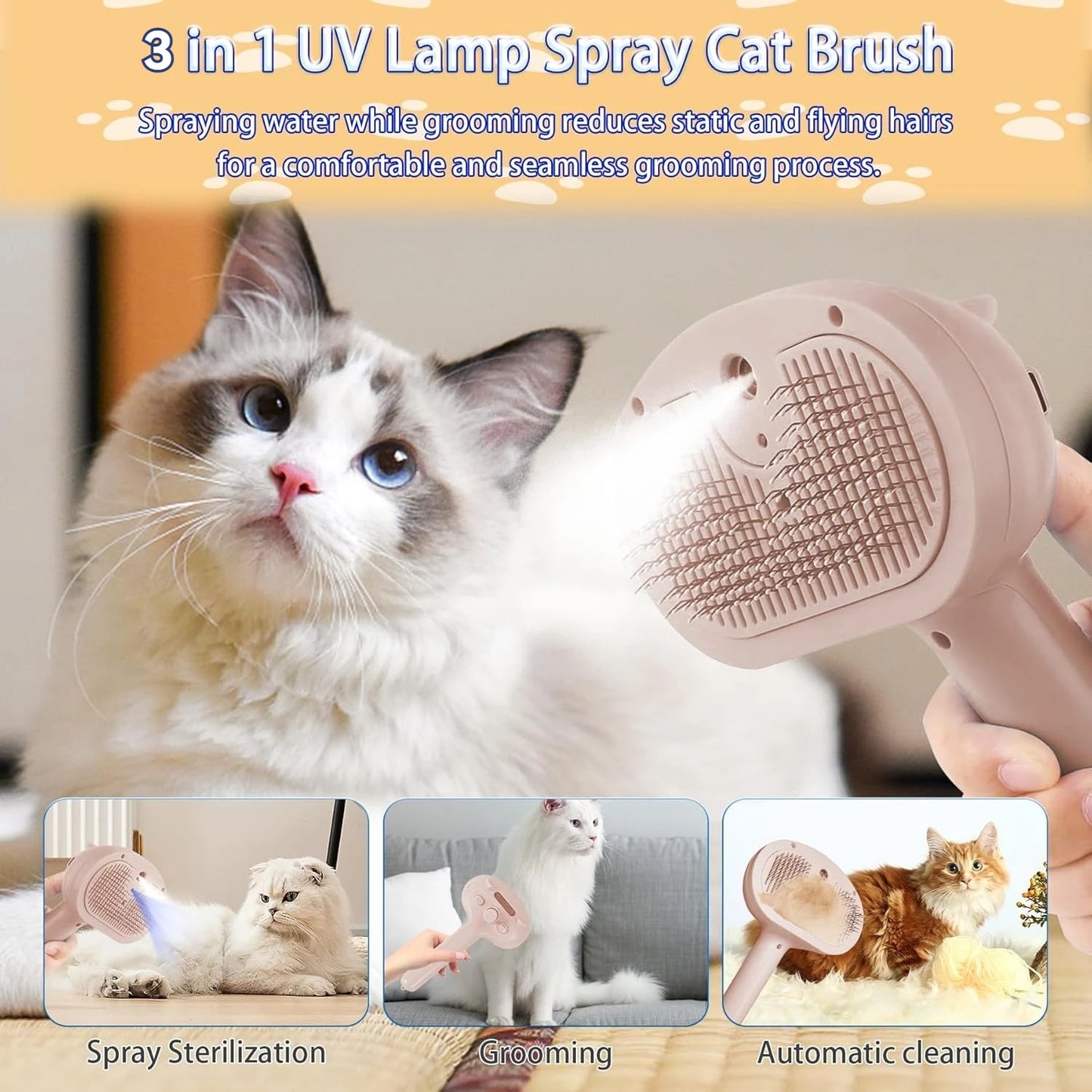 Pet Hair Cleaning Misting Comb Cat Brushes for Indoor Cats.