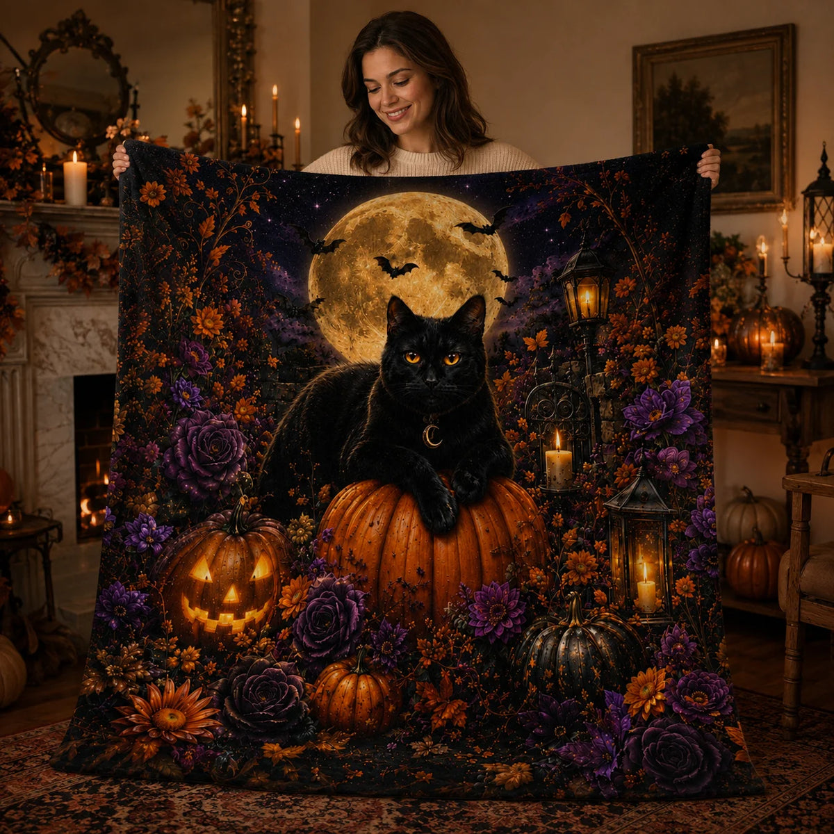 Black Cat Halloween Flannel Fleece Throw Blanket.