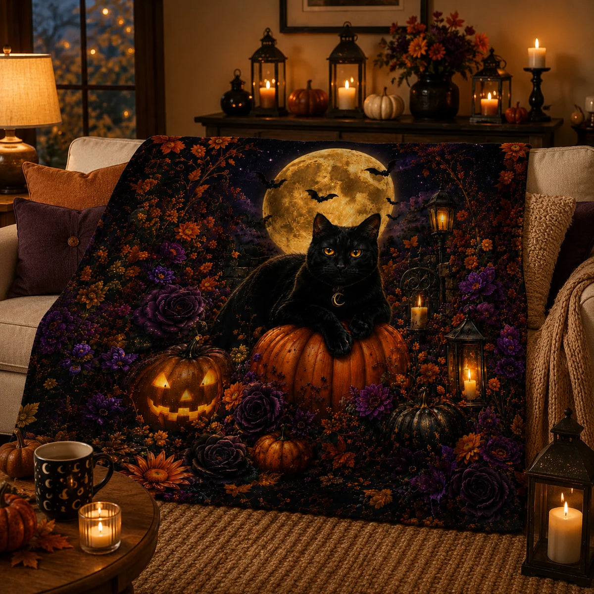Black Cat Halloween Flannel Fleece Throw Blanket.