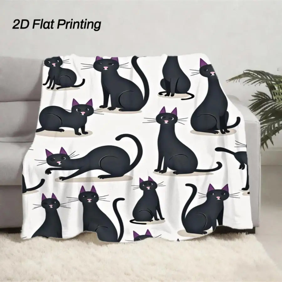 2D Flat Whimsical Black Cat Printed Flannel Blanket.