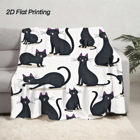 2D Flat Whimsical Black Cat Printed Flannel Blanket.