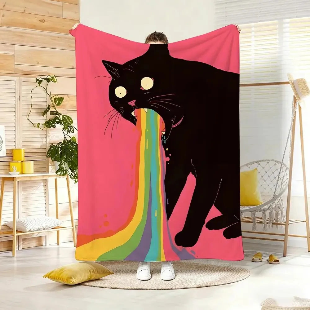 Humorous Funny Black Cat Rainbow Flannel Throw Blanket.