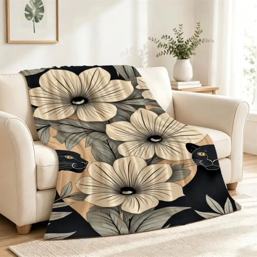 Elegant Monochrome Panther And Floral Flannel Throw Blanket.