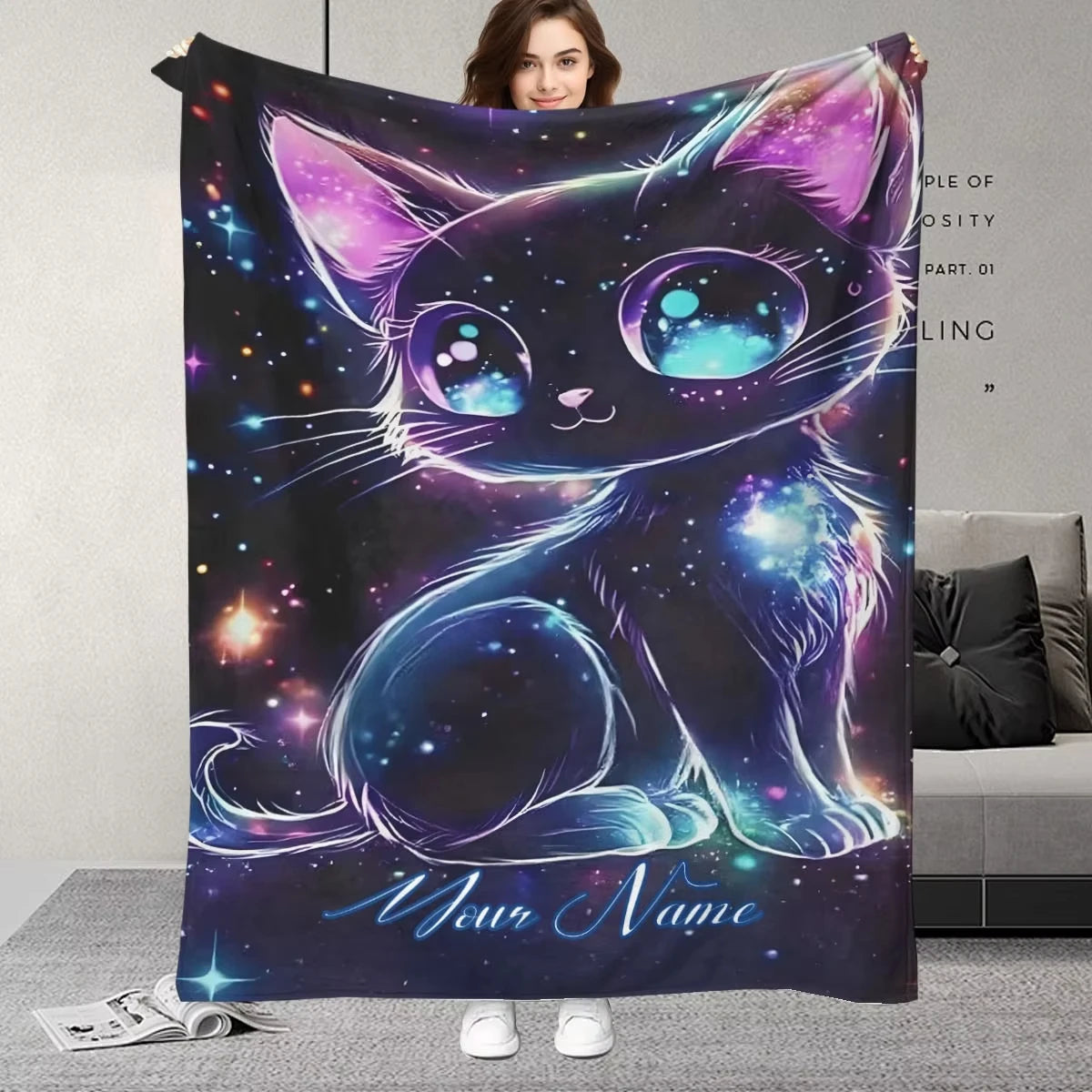 Customizable Name Galaxy Cat Pattern Blanket.