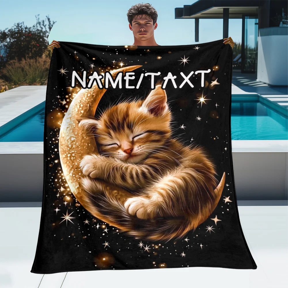 Customized Name Moon Cat Blanket.