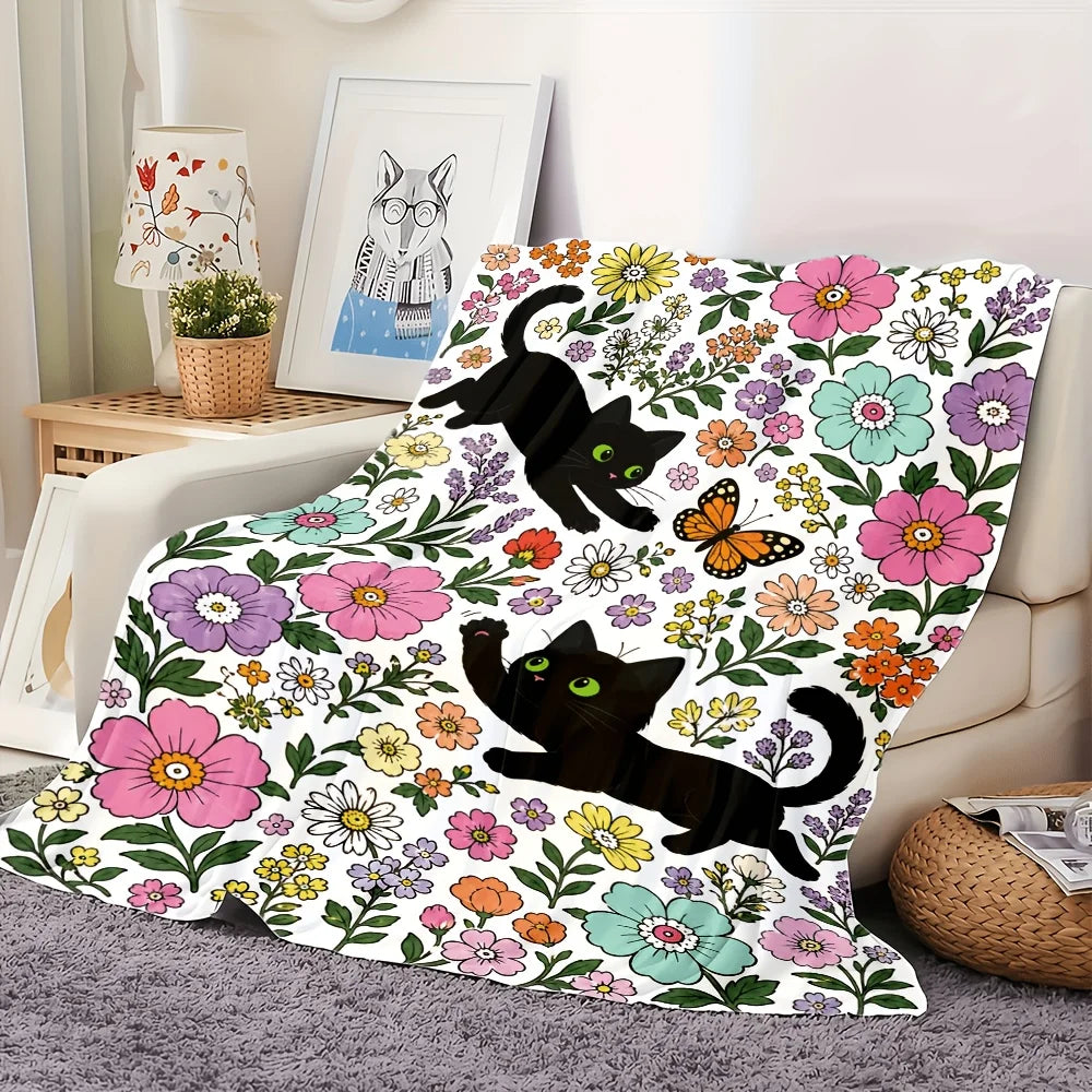 Green-Eyed Black Cat & Print Blanket.