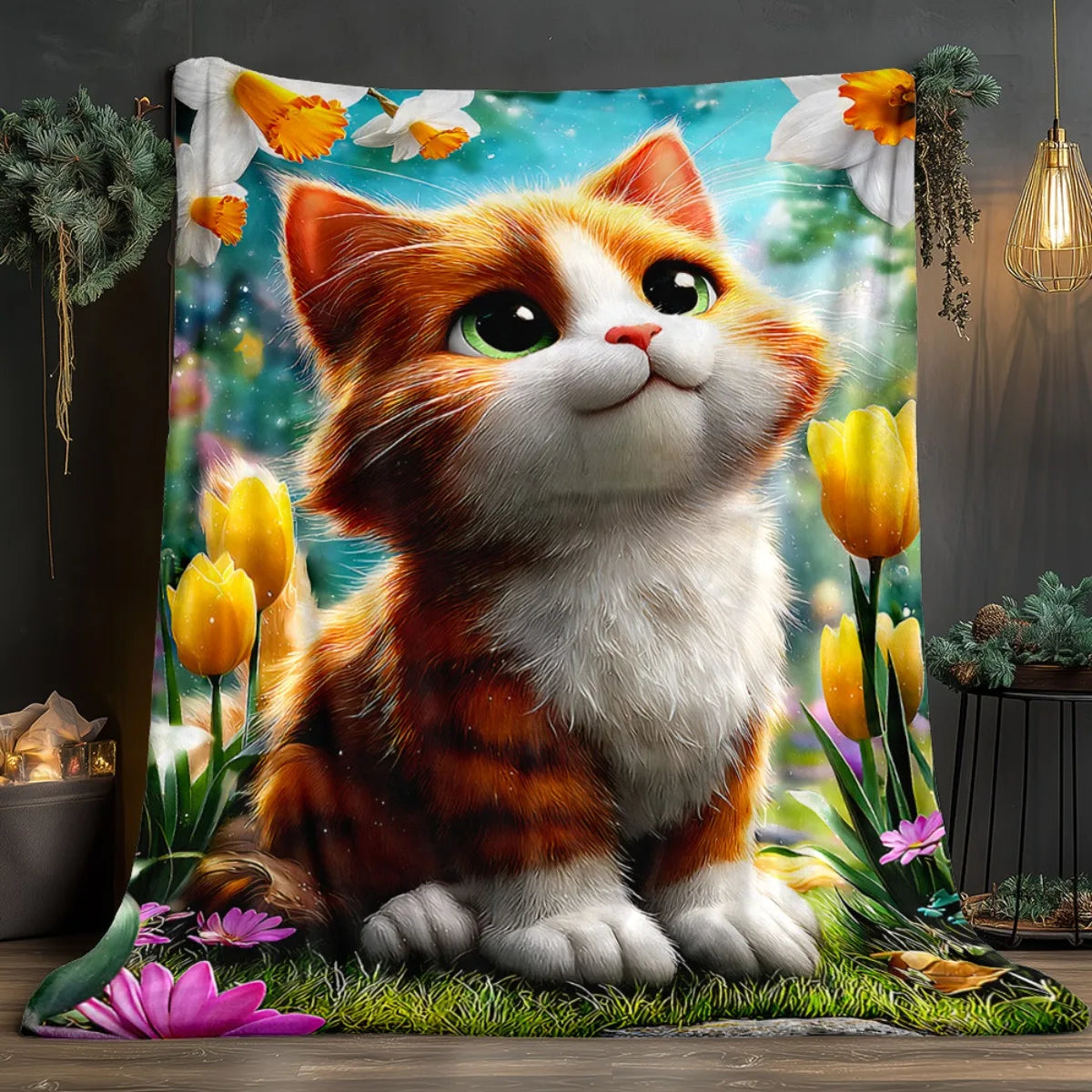 Tulip Field Cat Patterned Blanket.