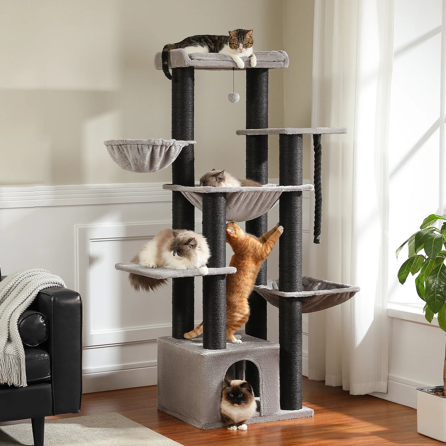 Multi-Level Cat Tree.         Cozy Condo, Super Large Perch, Deep Hammocks,
