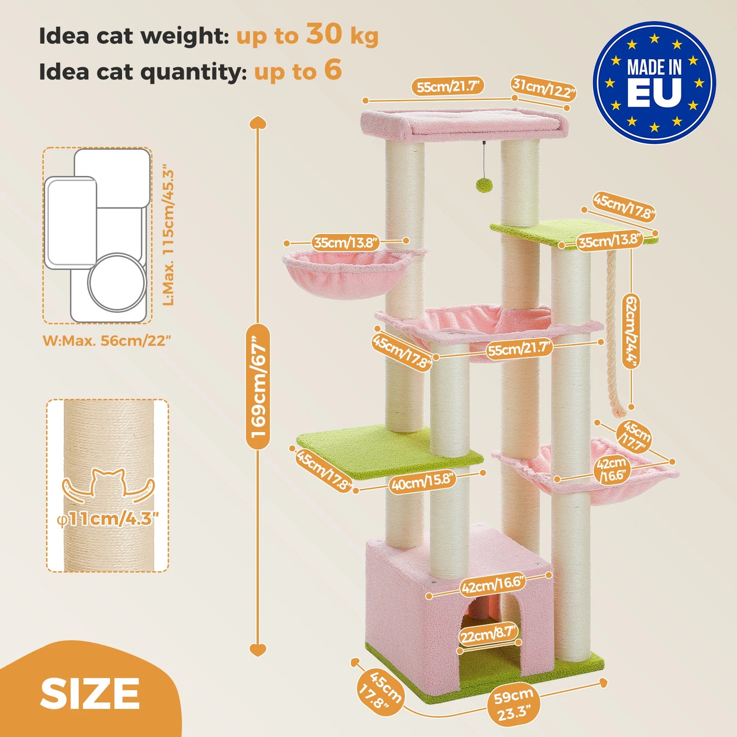 Multi-Level Cat Tree.         Cozy Condo, Super Large Perch, Deep Hammocks,