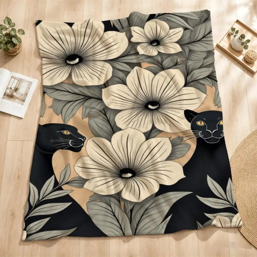 Elegant Monochrome Panther And Floral Flannel Throw Blanket.