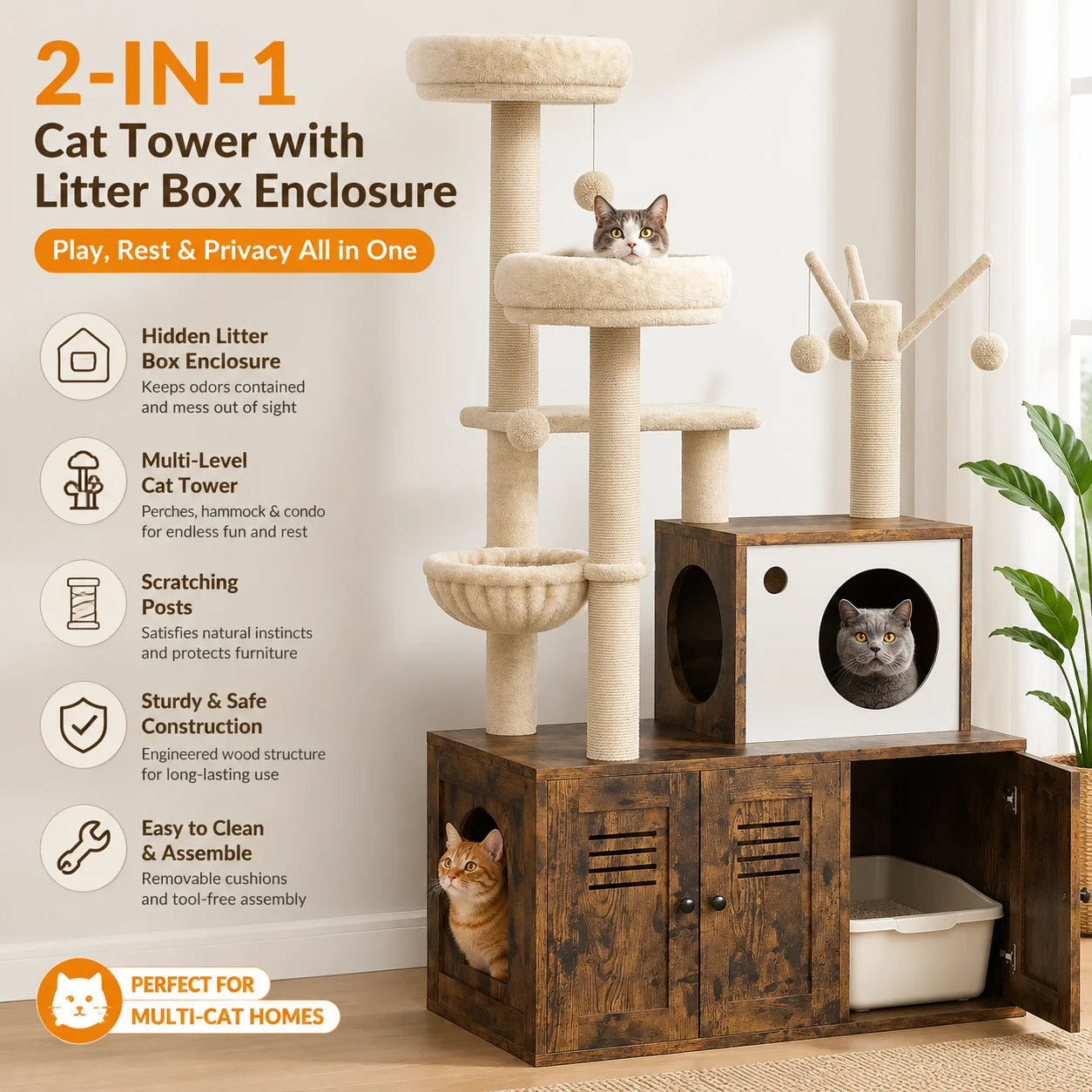 Cat Tower with Litter Box Enclosure.