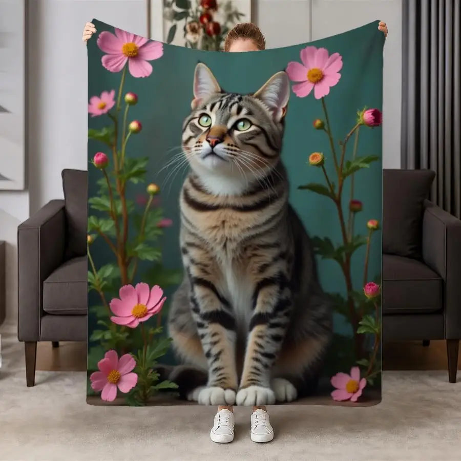 Cozy Gray Tabby Cat and Pink Cosmos Flannel Throw Blanket.